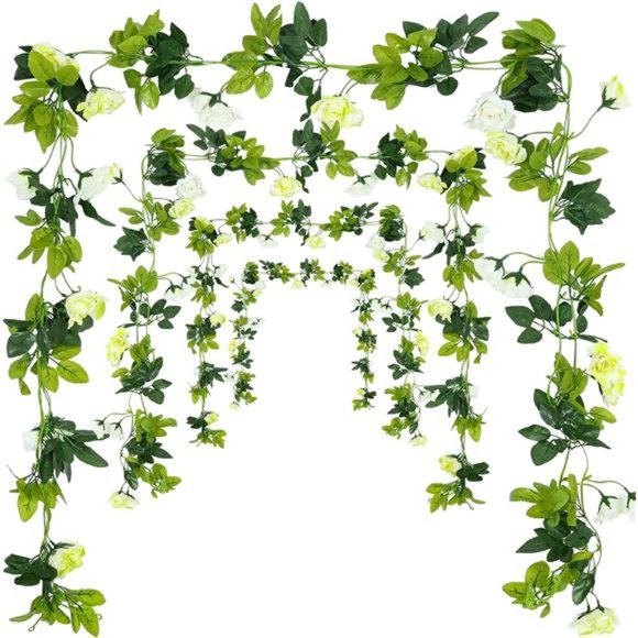 Artificial RoseVines Flower Garland Hanging Silk RoseVine Wedding,OffWhite+Green - Picture 4 of 6